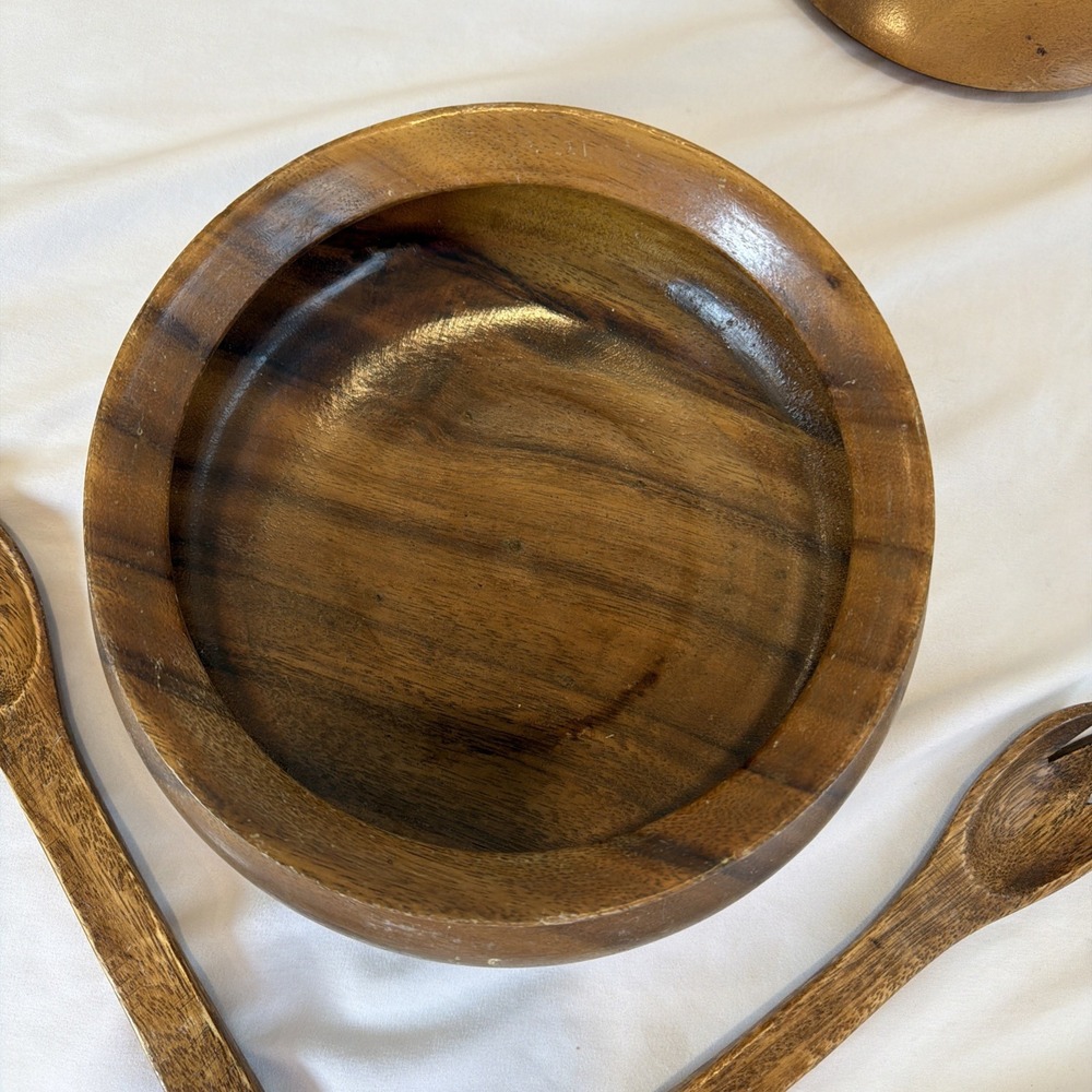 Genuine Hand-carved Monkey Pod Wood Soup Tureen With Lid Spoon Fork - Picture 5 of 8